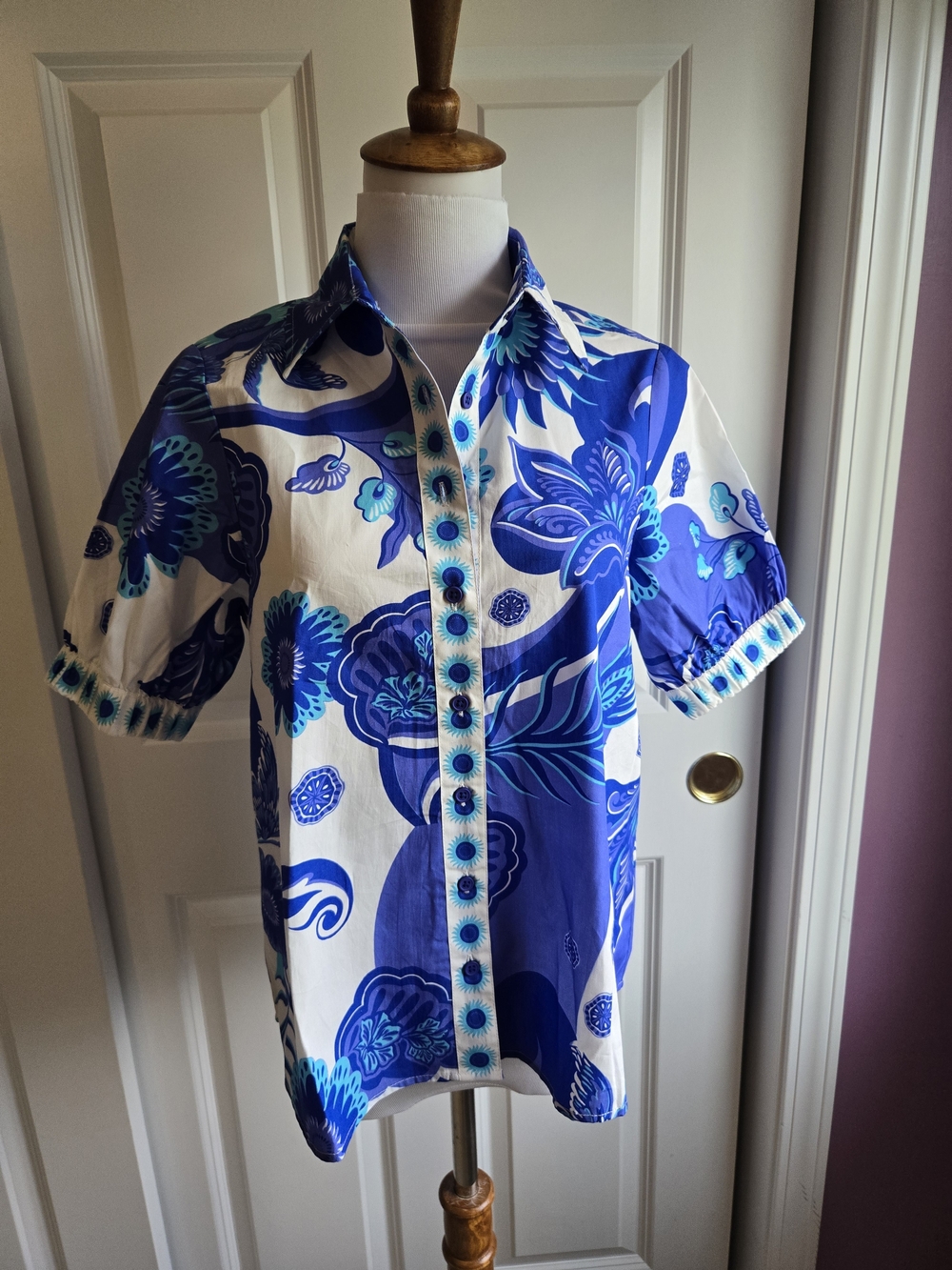 NWT Maude Vivante Blue White Tropical Floral Puff Sleeve Poplin Top S